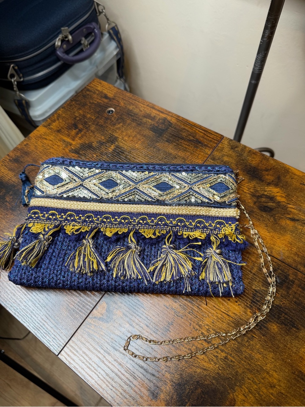 Embroidered Navy Blue Tassel Clutch with Gold Accents Gold Chain
